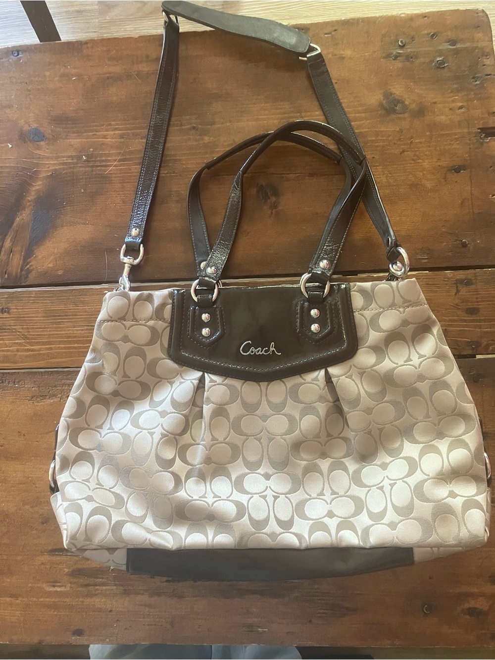 Coach Beige Canvas Tote with Brown Leather Trim